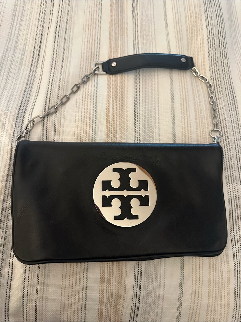 Tory Burch Black Leather Clutch with Silver Logo Medallion